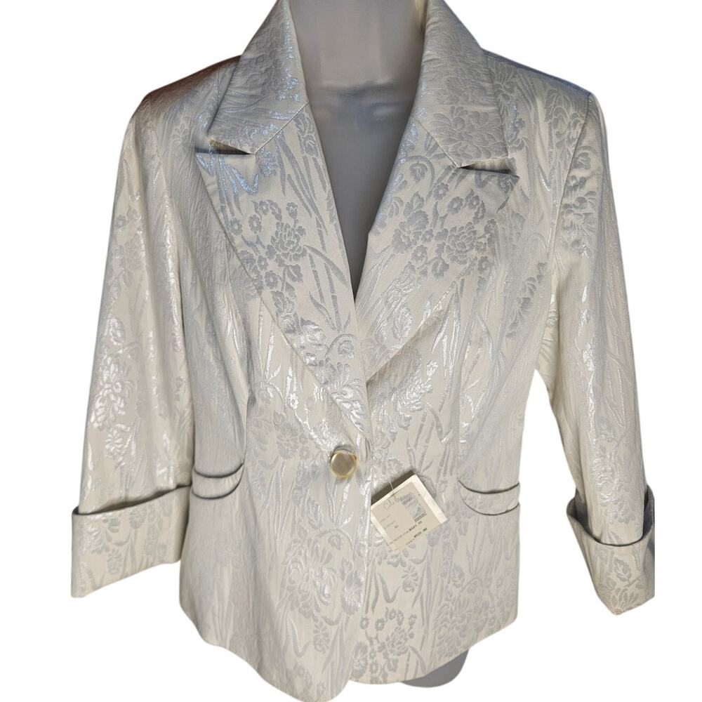 Cole Haan Ivory Silver Print Jacket Sz8 Silver Threaded Floral single button NWT